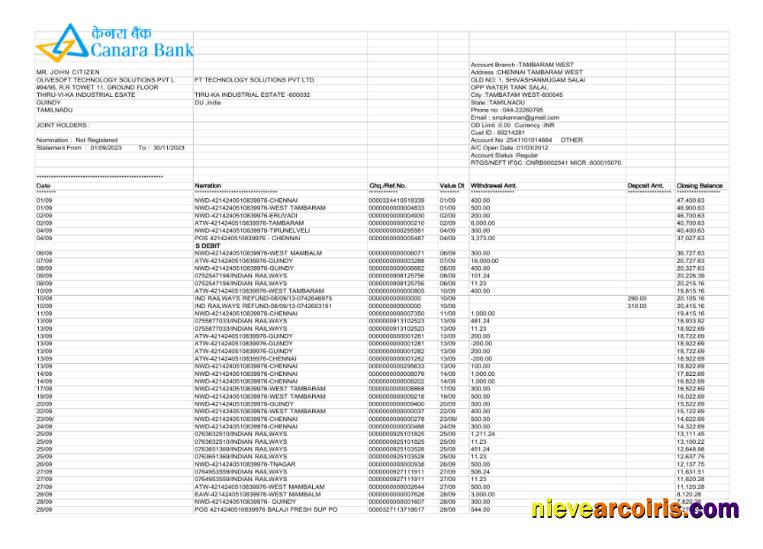 India Canara Bank statement Word and PDF, 3 pages scr